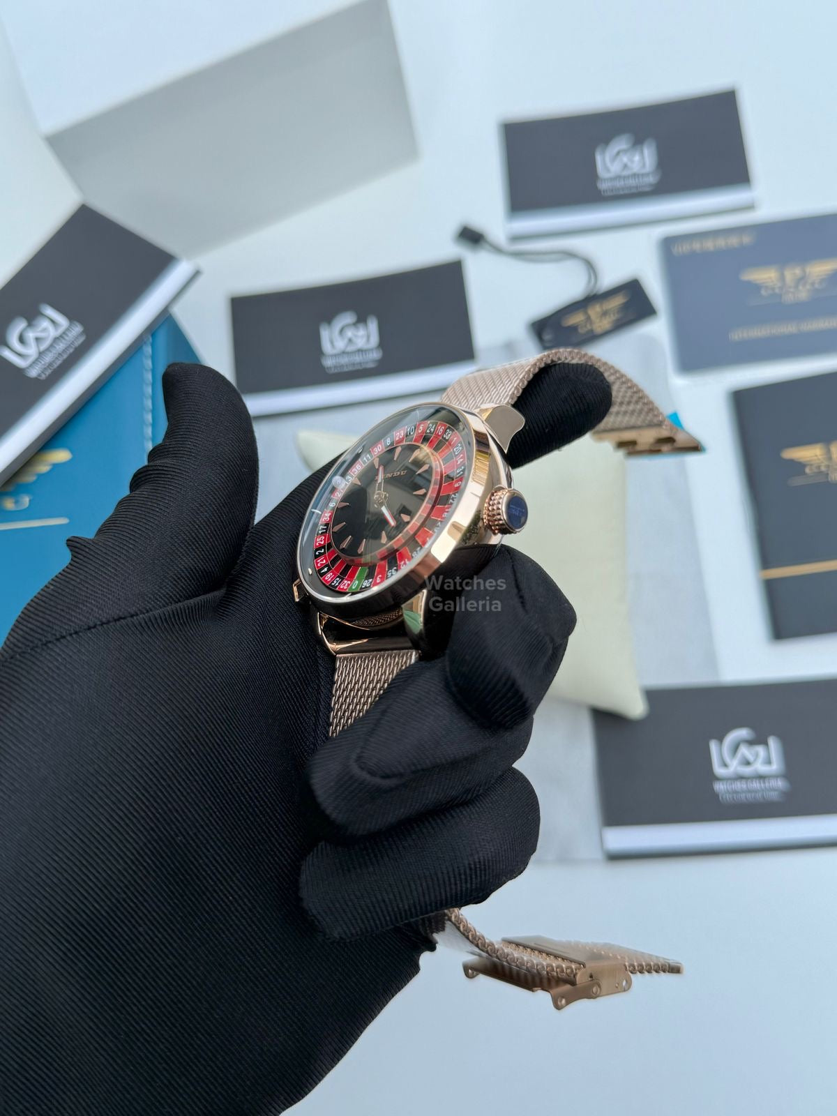 Pindu Design Casino Tourbillon Roulette Button Automatic (Gold Mesh Bracelet) P6628 Watches Galleria