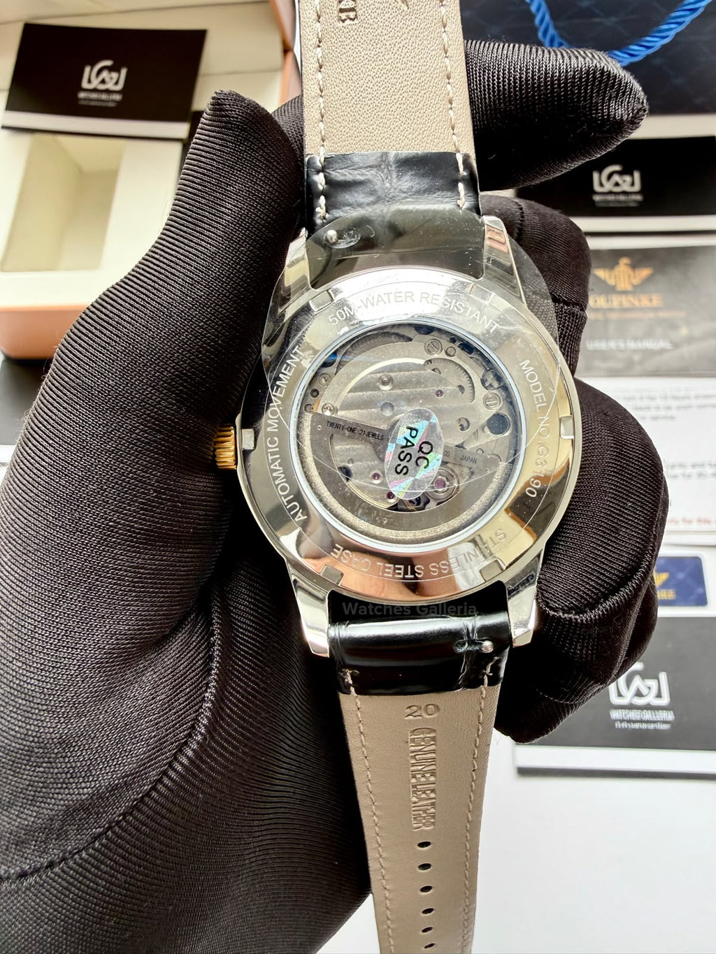 Oupinke G3190 (Black Leather) Open Heart Automatic Watch with Miyota 8215 Japanese Movement, Sapphire Crystal, Luminous Dial & Black Leather Strap