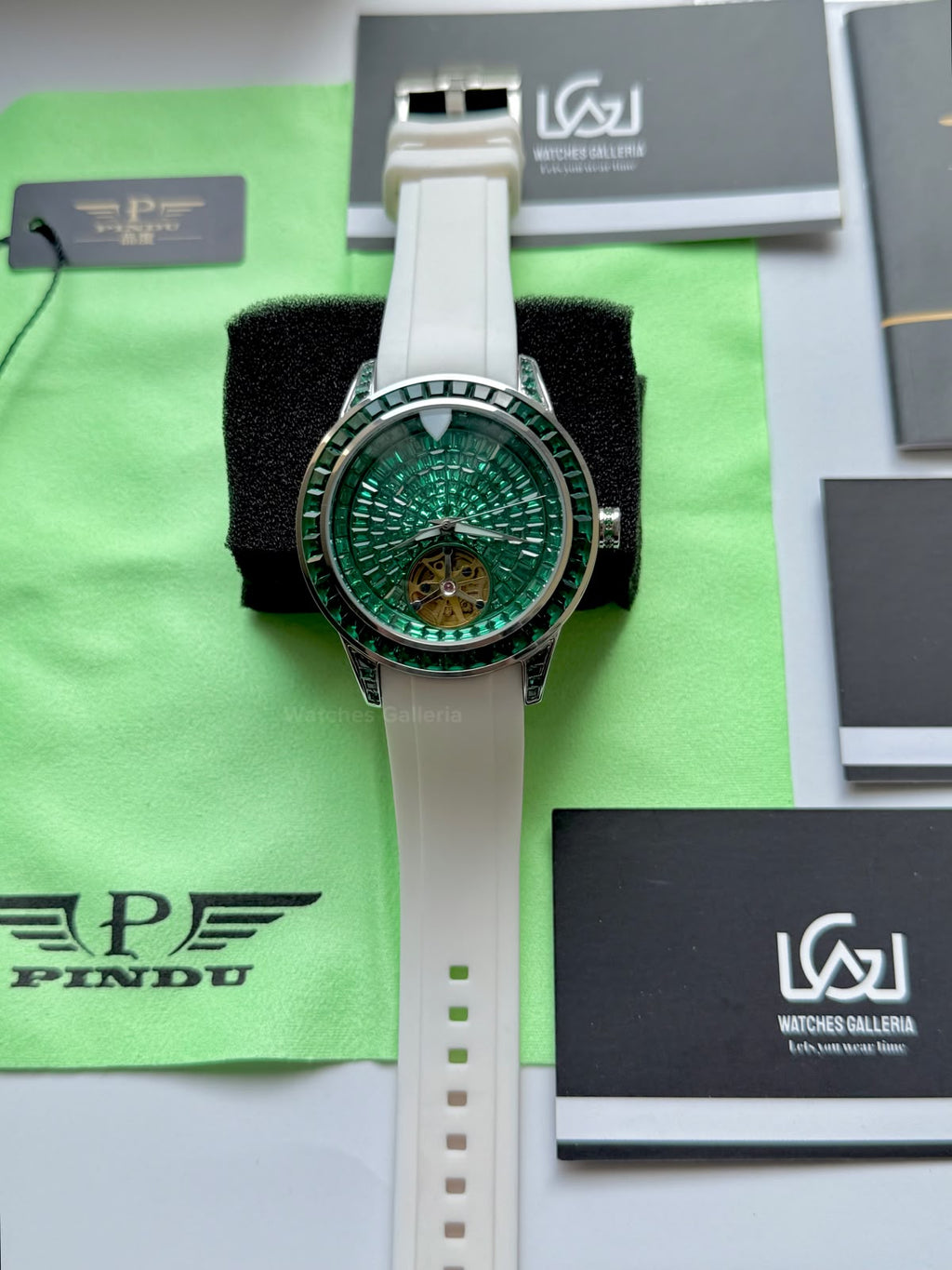 Pindu 5037 White/Green Diamonds Hand Encrusted Diamond Automatic Tourbillon Watch for Men | Luxury Mechanical Watch | 43mm Stainless Steel Case