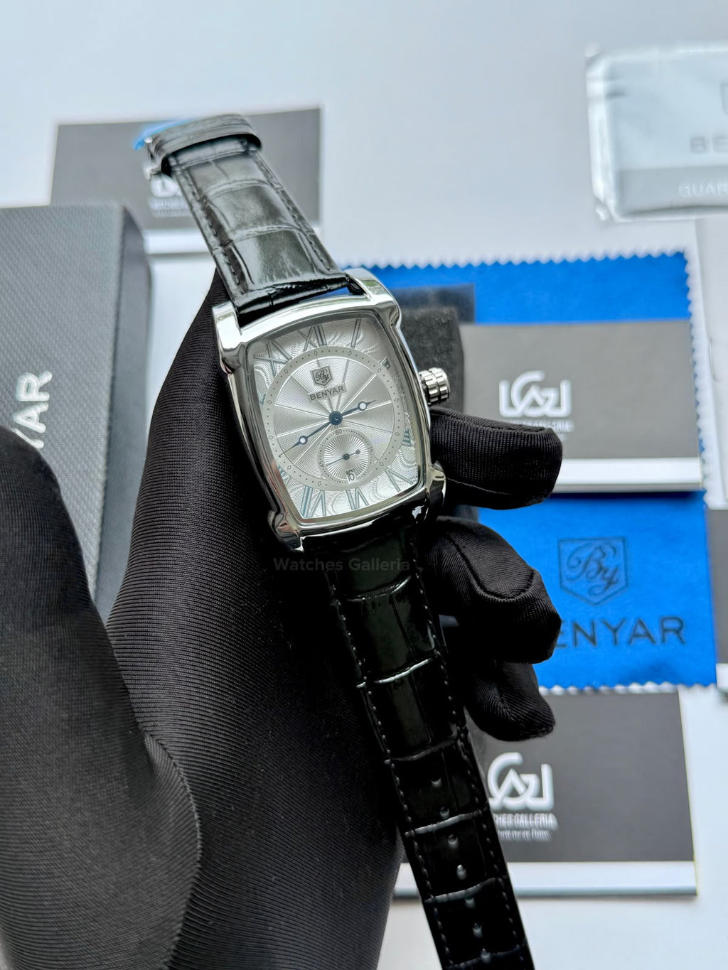 Benyar BY5114 Square Tank Watch Silver Black Roman Numeral Dial Master Lock Quartz Date Calendar Leather Strap
