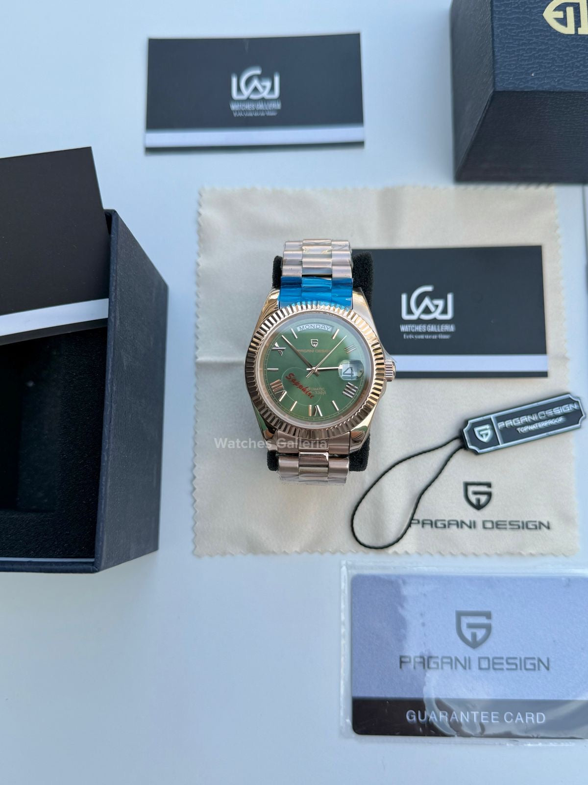 Pagani Design Date Day 40mm Automatic (Rose Gold w/ Green) PD1783 Watches Galleria