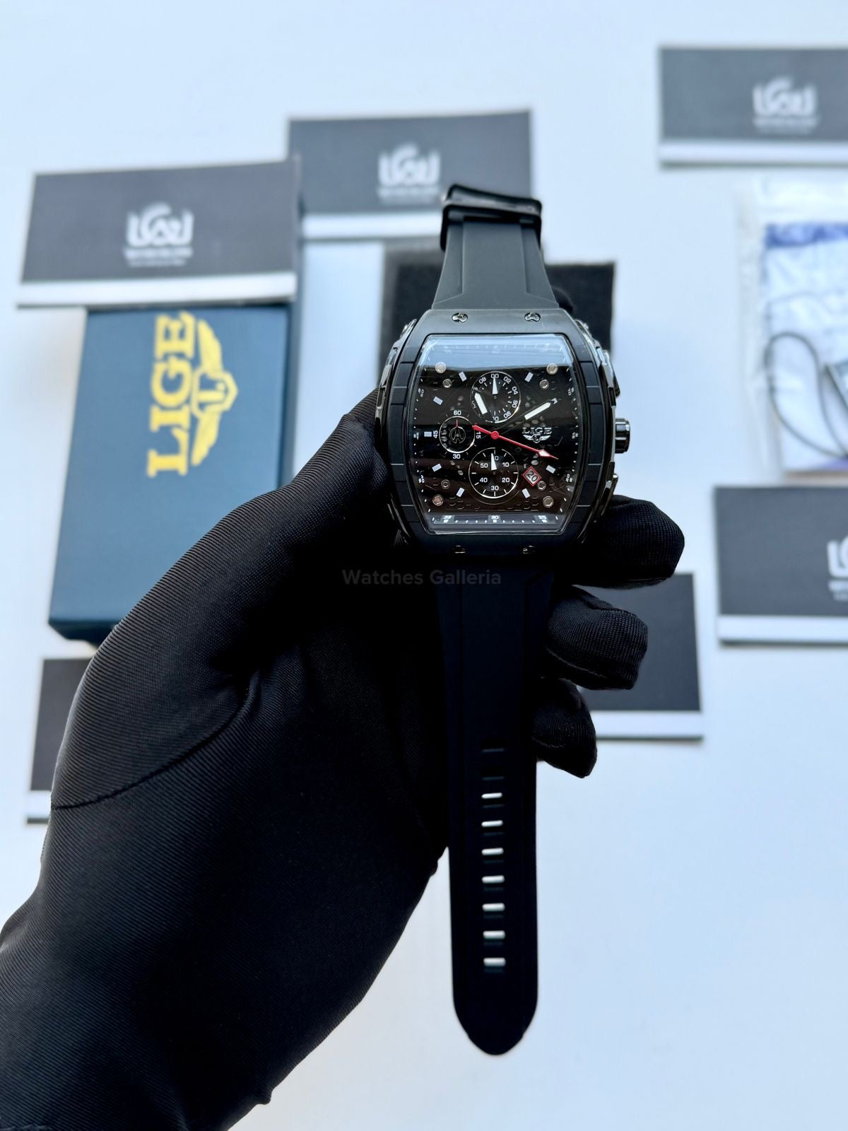 LIGE LG89148 Black Tonneau Chronograph Watch in Pakistan – Luxury Men’s Quartz Watch with Silicon Strap