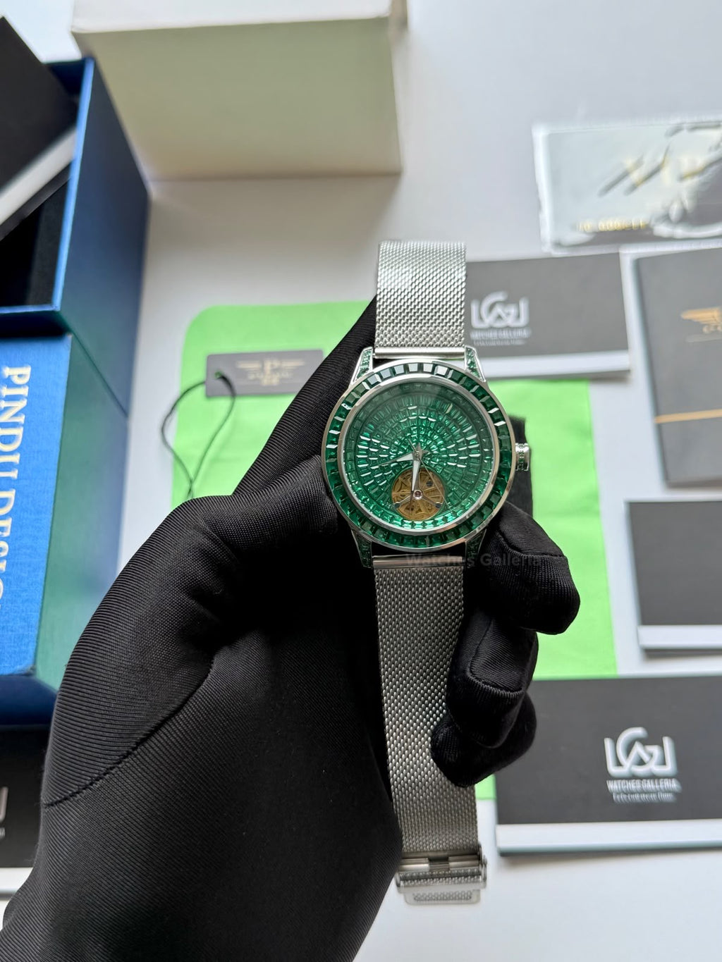 Pindu 5037 Green/Mesh Strap LeatherDiamonds Hand Encrusted Diamond Automatic Tourbillon Watch for Men | Luxury Mechanical Watch | 43mm Stainless Steel Case