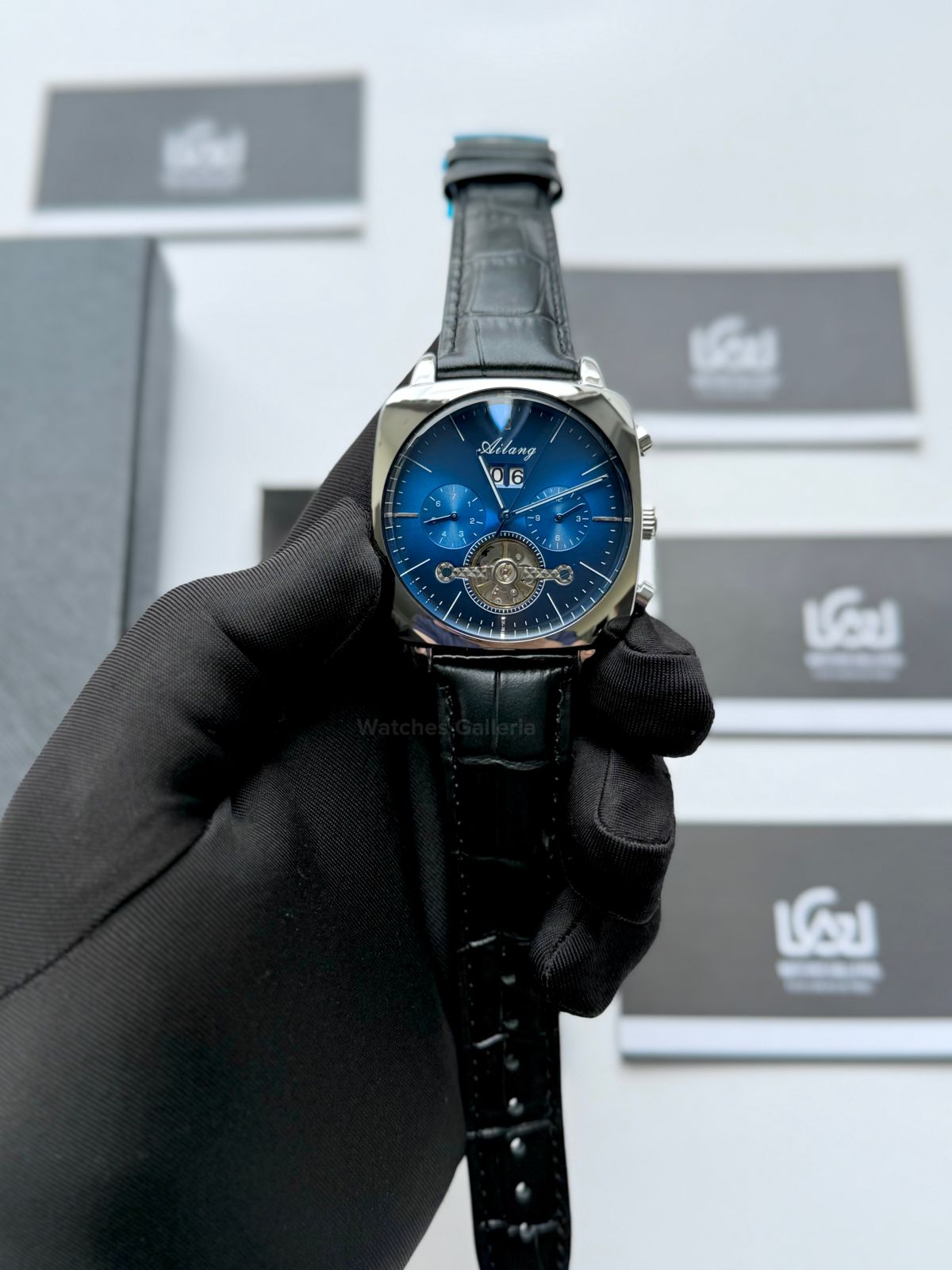 Ailang AI8655G Square Chronograph Automatic Watch Black Blue – Skeleton Flywheel, Big Date, Luxury Square Dial Men’s Watch