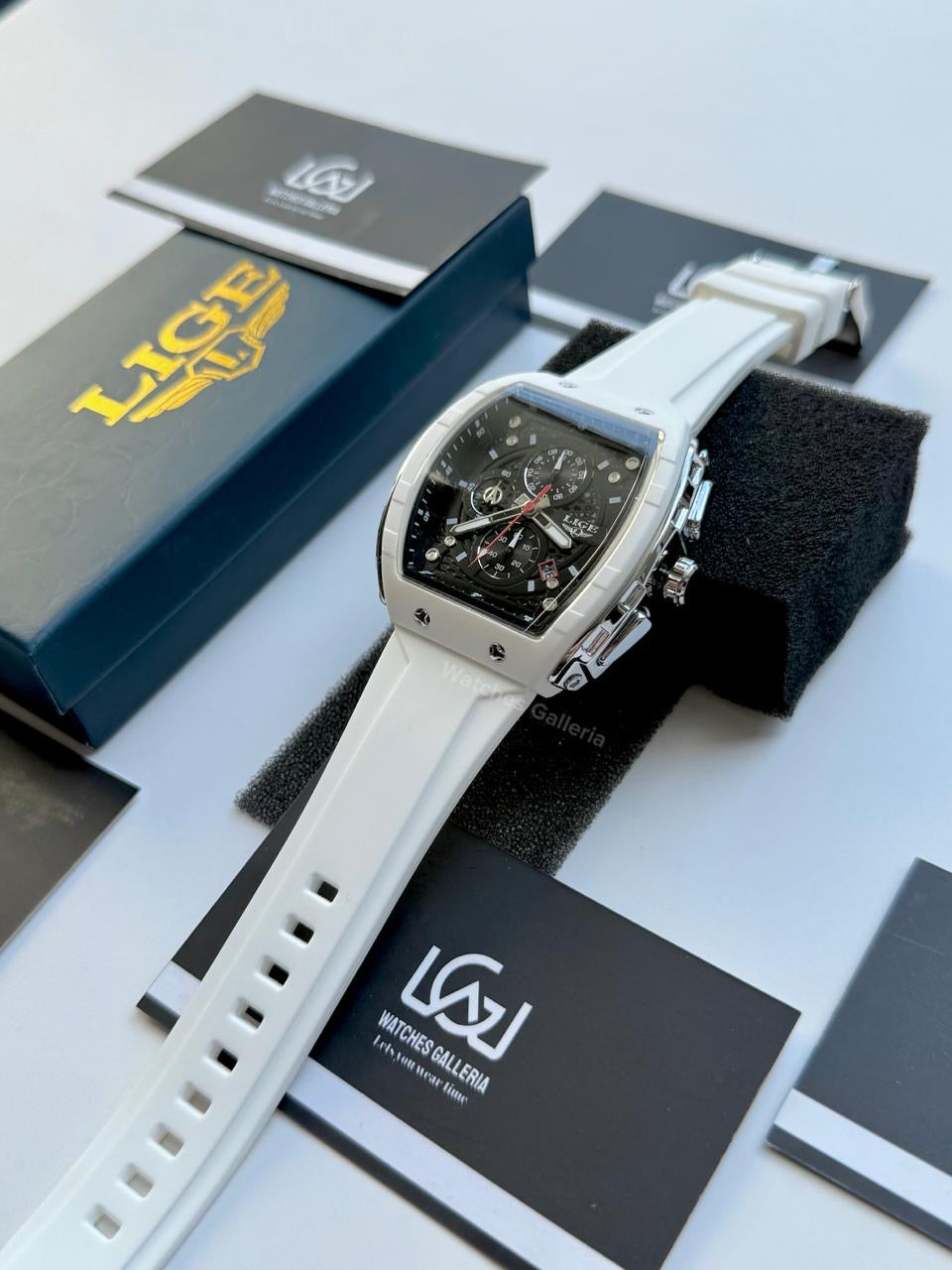 LIGE LG89148 White Tonneau Chronograph Watch in Pakistan – Luxury Men’s Quartz Watch with Silicon Strap