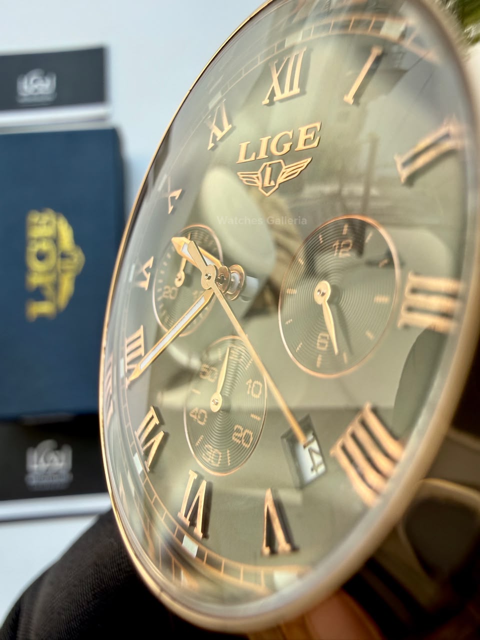 Lige 9852 Chronograph Watch for Men Brown Rose Gold Leather Strap Original Lige Watch in Pakistan
