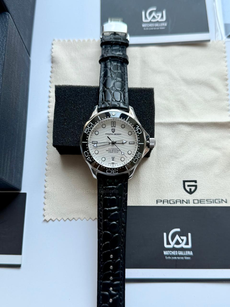 Pagani Design PD1685 Black Leather Strap Seamaster Diver White Automatic Watch – 200M Sapphire Crystal NH35A/Miyota Luxury Dive Watch in Pakistan | Watches Galleria