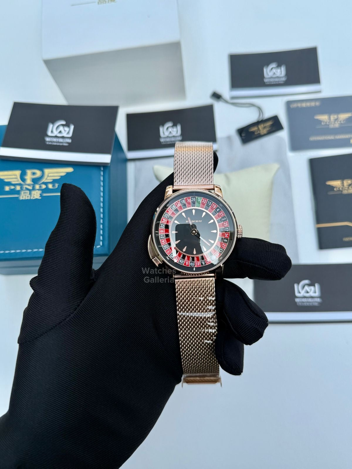 Pindu Design Casino Tourbillon Roulette Button Automatic (Gold Mesh Bracelet) P6628 Watches Galleria