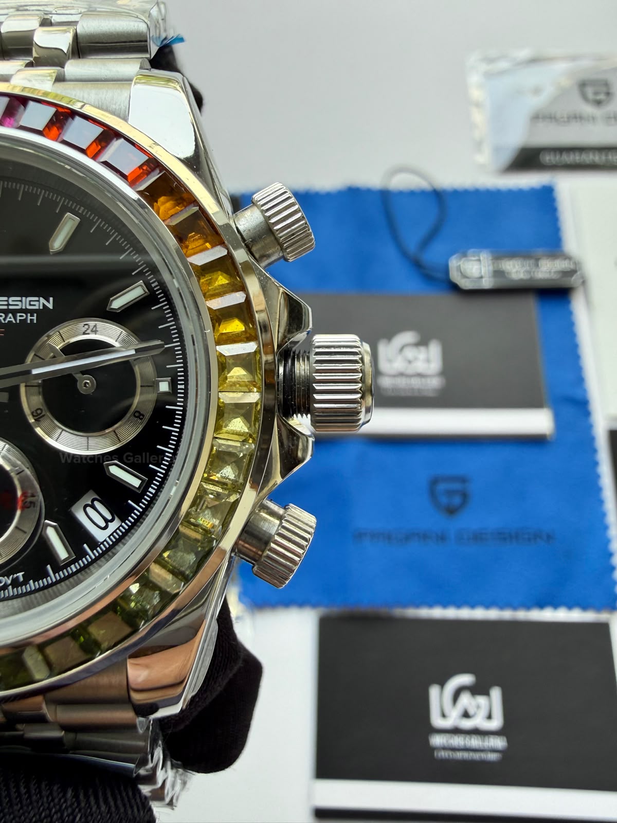 Pagani Design PD1644 Daytona Rainbow Jubilee Limited Edition Chronograph Watch PD1644LE | 40mm Sapphire Crystal, Seiko VK63 Quartz, Complete Calendar & Rainbow Stones Bezel