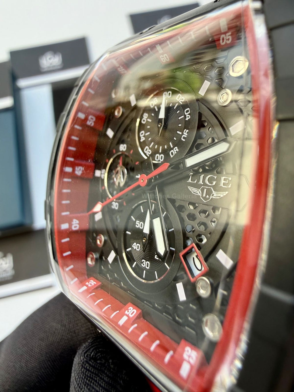 LIGE LG89148 Red Tonneau Chronograph Watch in Pakistan – Luxury Men’s Quartz Watch with Silicon Strap
