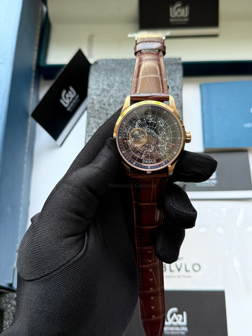 OBLVLO GC (Brown Rose Gold Blue) Grand Complications Celestial Automatic Watch Brown & Black Dial with Rose Gold Details, Moving Constellation & Earth Display – OBLVLOGC | Oblvlo
