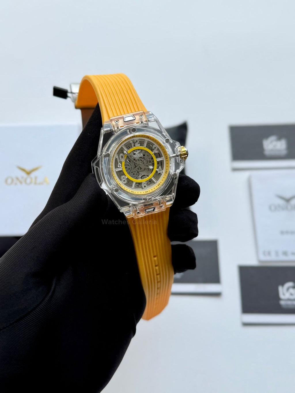 Onola ON3836 Oak Skeleton Yellow Automatic Watch – 49mm Transparent Dial, Bold Sport Design, Pakistan Edition