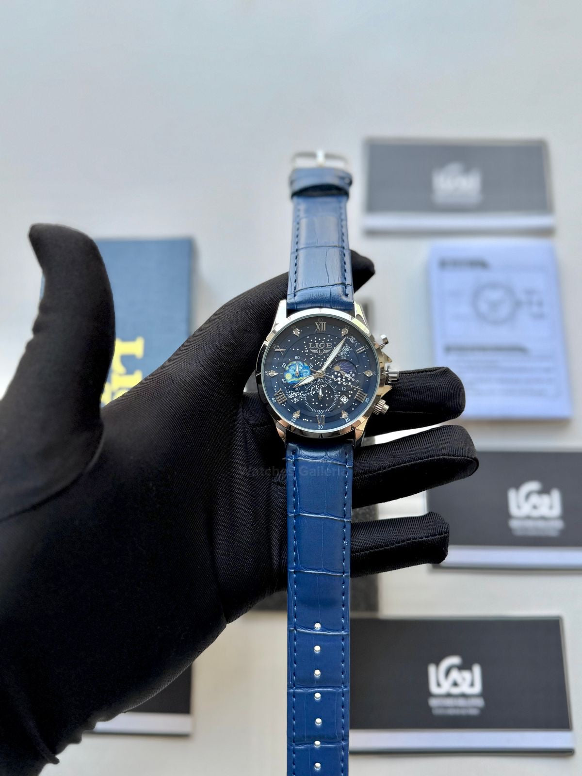 Lige Watch LG89107 Moonphase Chronograph (Blue/Silver) Lige Watch in Pakistan