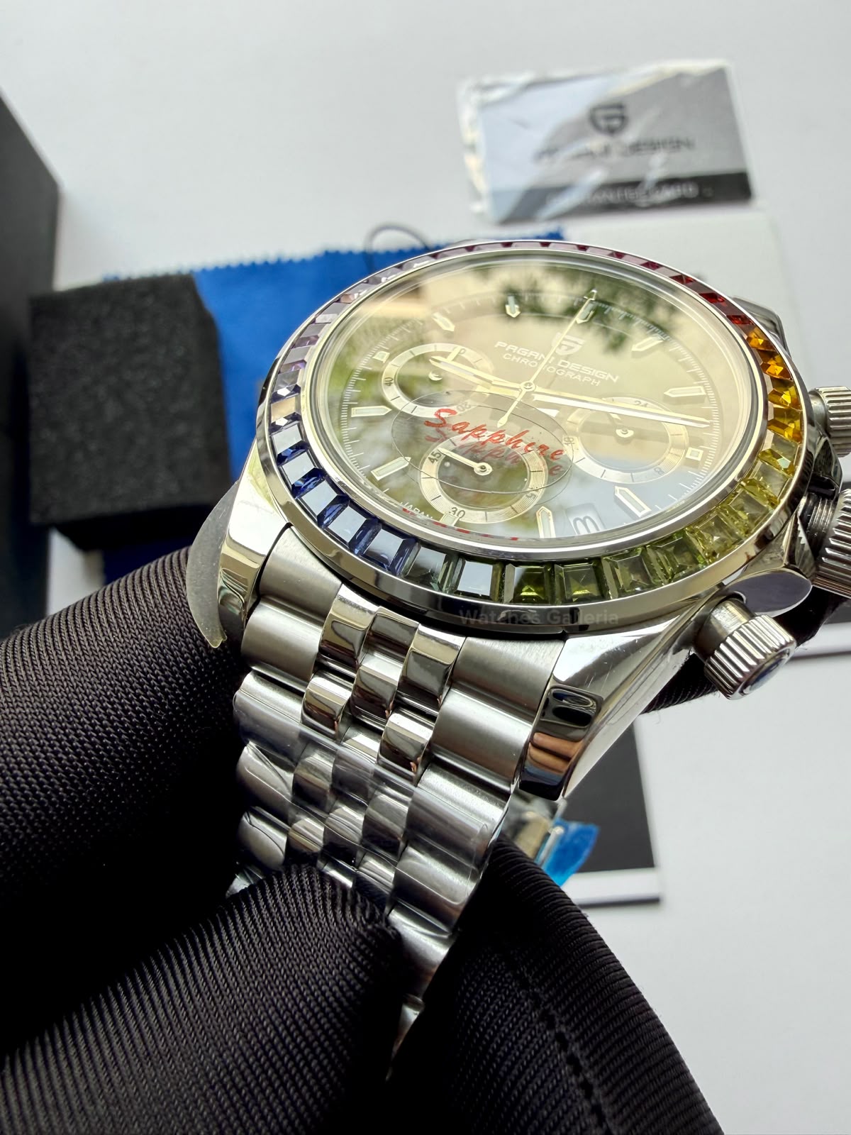 Pagani Design PD1644 Daytona Rainbow Jubilee Limited Edition Chronograph Watch PD1644LE | 40mm Sapphire Crystal, Seiko VK63 Quartz, Complete Calendar & Rainbow Stones Bezel