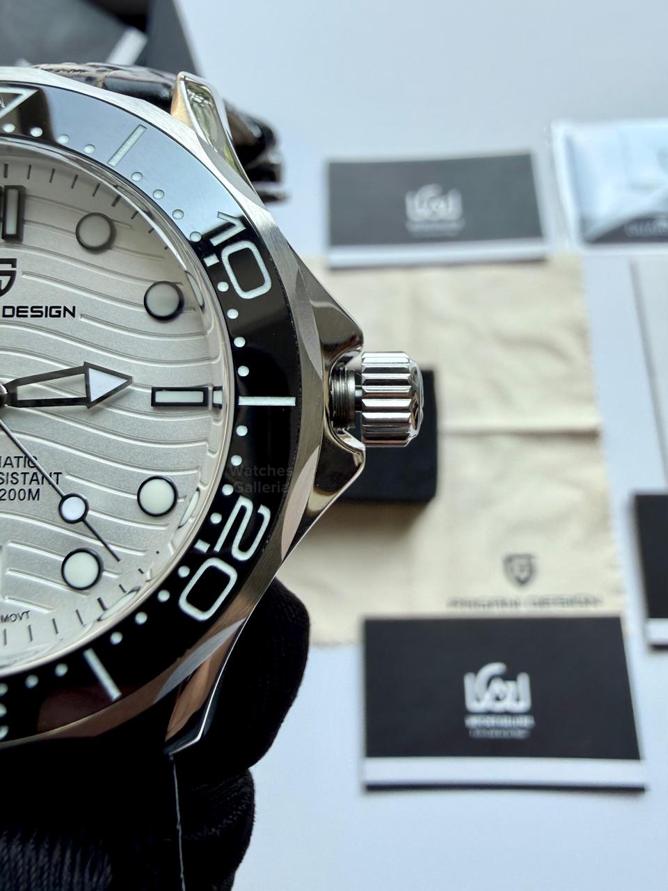Pagani Design PD1685 Black Leather Strap Seamaster Diver White Automatic Watch – 200M Sapphire Crystal NH35A/Miyota Luxury Dive Watch in Pakistan | Watches Galleria