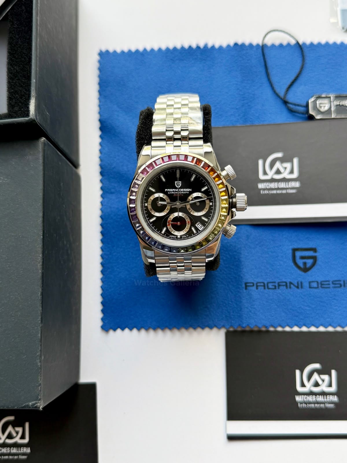 Pagani Design PD1644 Daytona Rainbow Jubilee Limited Edition Chronograph Watch PD1644LE | 40mm Sapphire Crystal, Seiko VK63 Quartz, Complete Calendar & Rainbow Stones Bezel