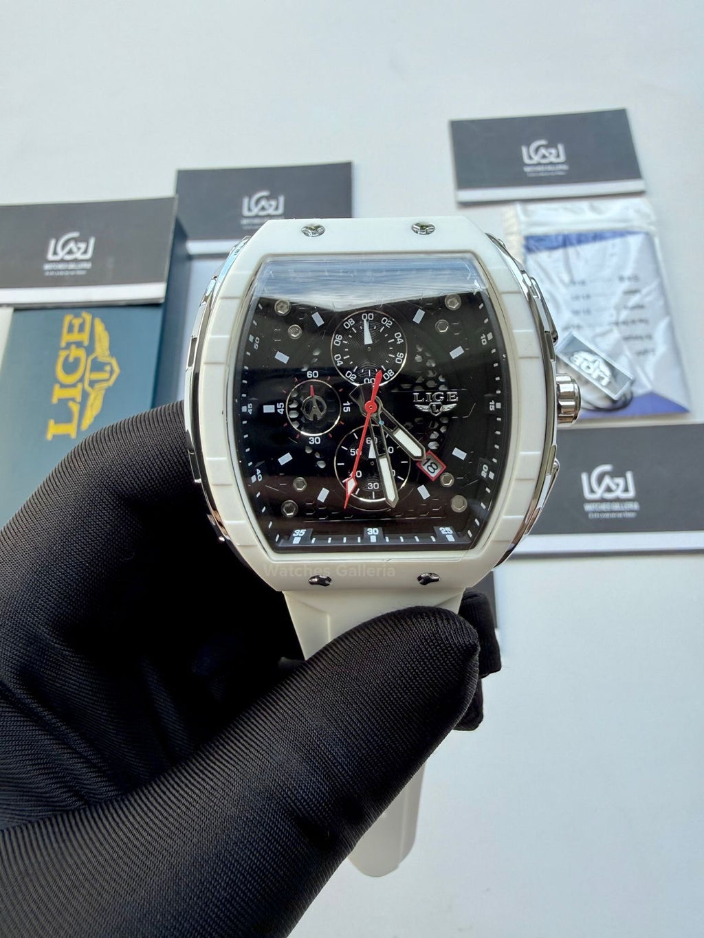 LIGE LG89148 White Tonneau Chronograph Watch in Pakistan – Luxury Men’s Quartz Watch with Silicon Strap