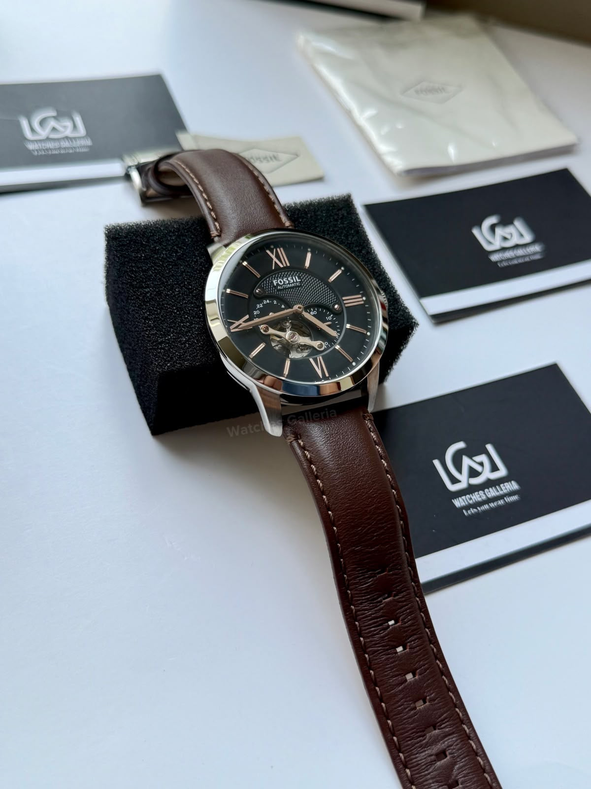 Fossil Townsman Automatic Men’s Watch 45mm Black Dial Silver-Tone Stainless Steel Case Brown Leather Strap ME3061