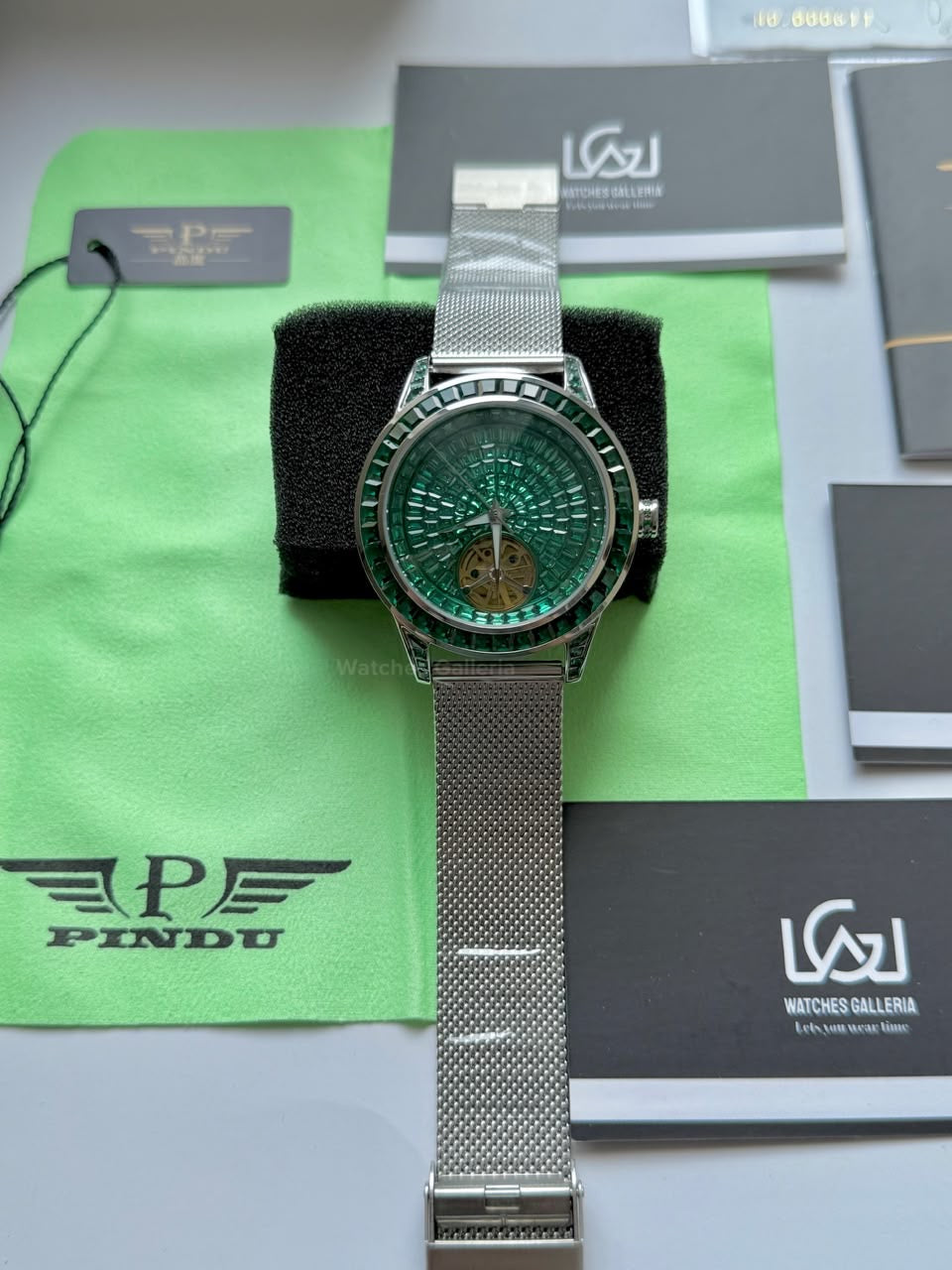 Pindu 5037 Green/Mesh Strap LeatherDiamonds Hand Encrusted Diamond Automatic Tourbillon Watch for Men | Luxury Mechanical Watch | 43mm Stainless Steel Case