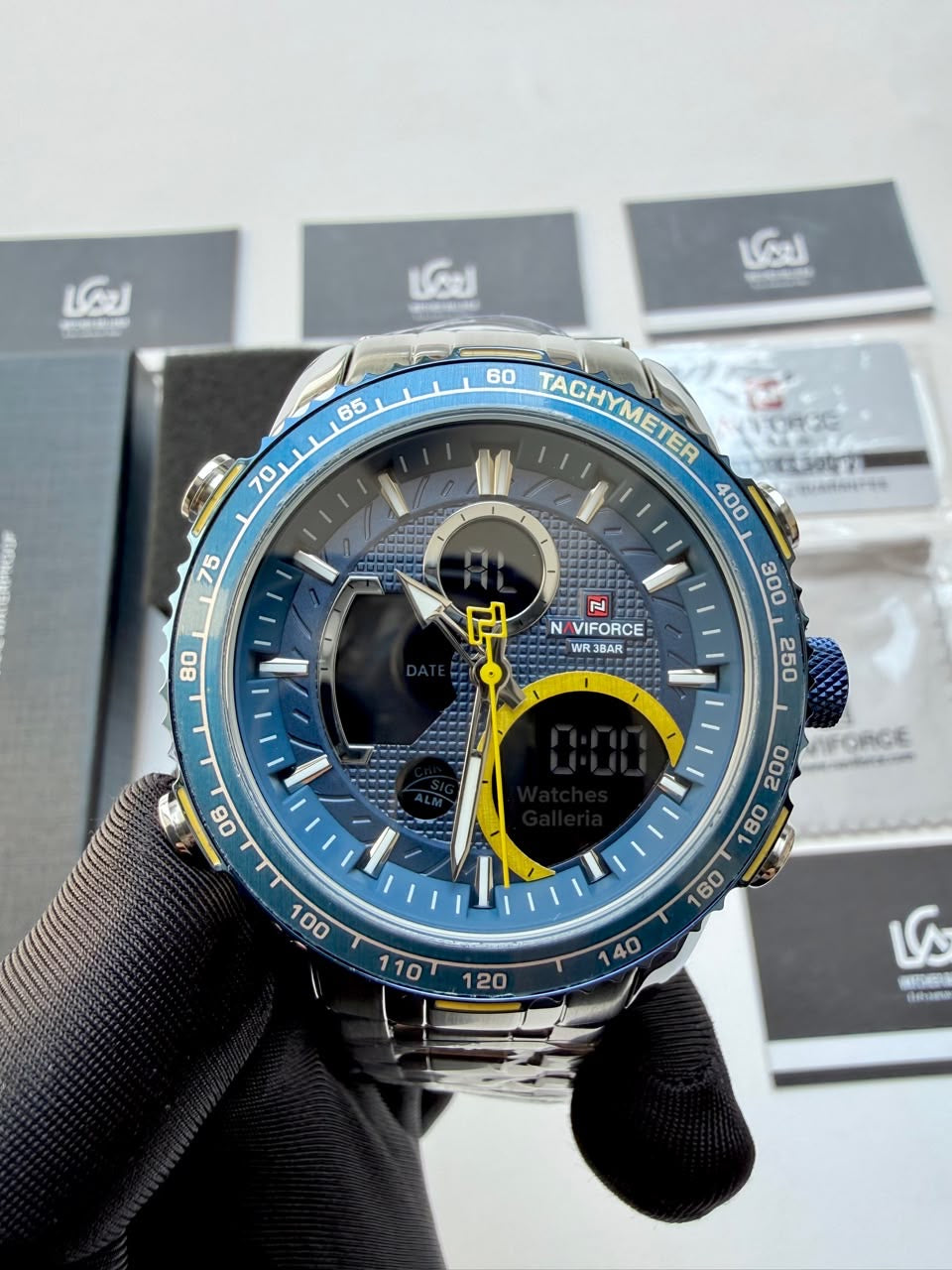 Naviforce Watch Pakistan NF9182 | Naviforce Men Watch | Naviforce Chain Watch | Dual Display Blue Yellow Watch