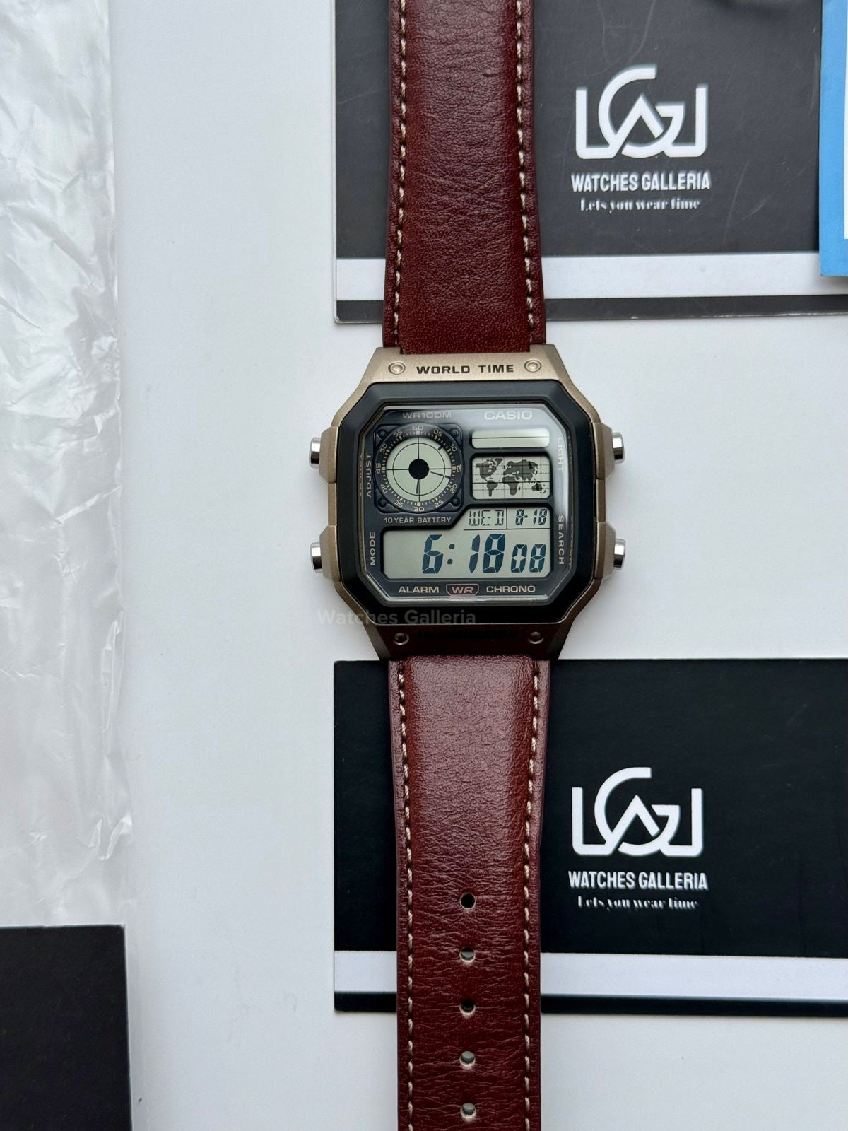 Casio AE-1200WHL-5AVDF World Time Digital Watch Brown Leather Strap 100M Water Resistant – 10 Year Battery
