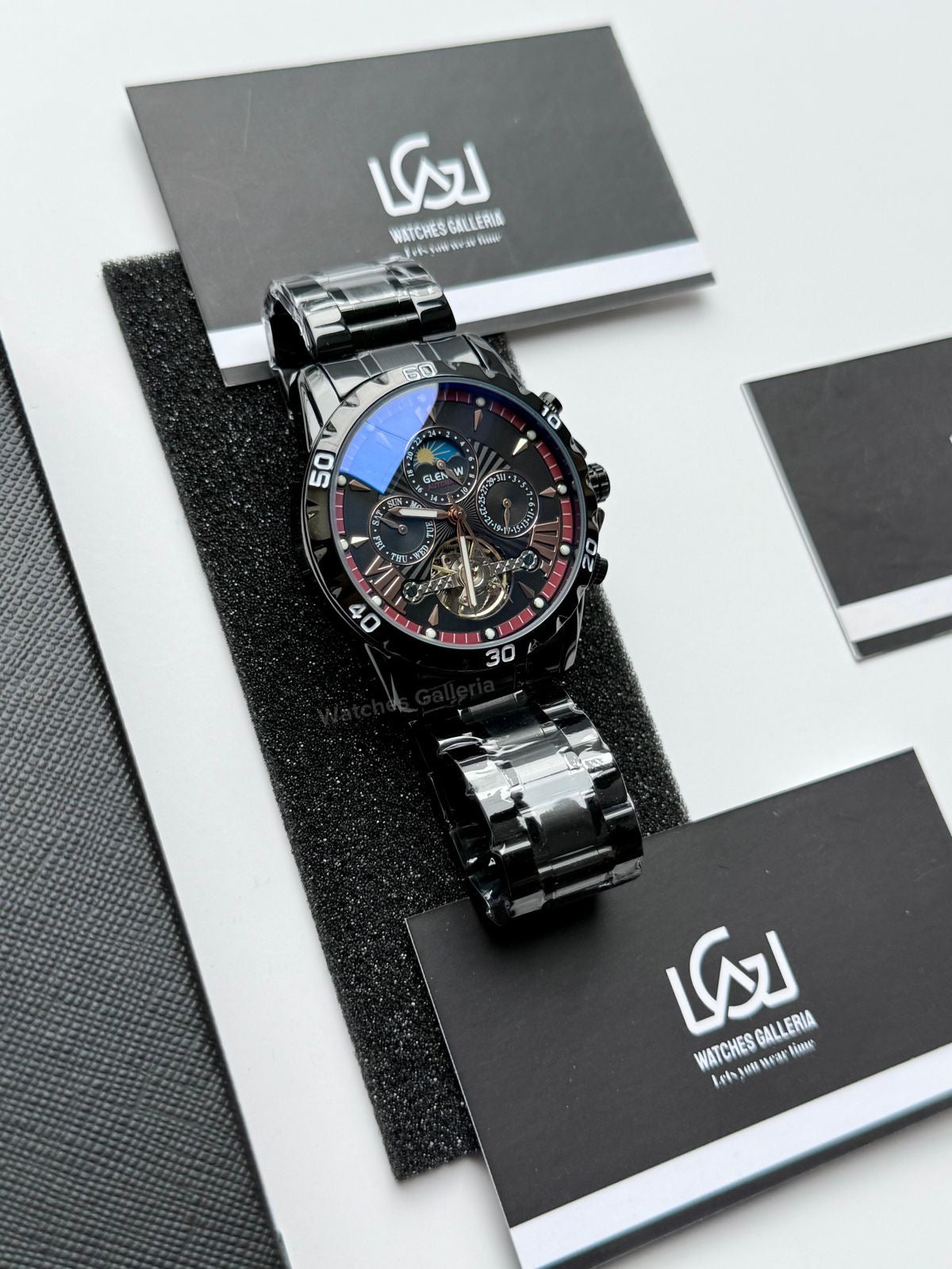 Glenaw GL8919B Moonphase Flywheel Automatic Watch – Black Blue Dial | Luxury Automatic Wristwatch for Men | Glenaw Watches Pakistan