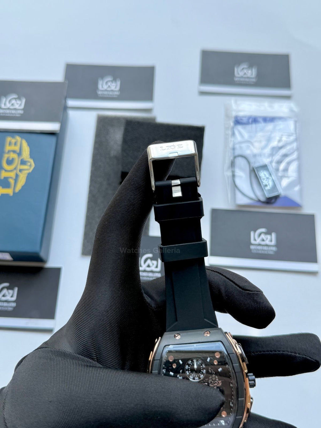LIGE LG89148 Tonneau Chronograph Watch in Pakistan – Black Rose Gold Luxury Men’s Quartz Watch with Silicon Strap