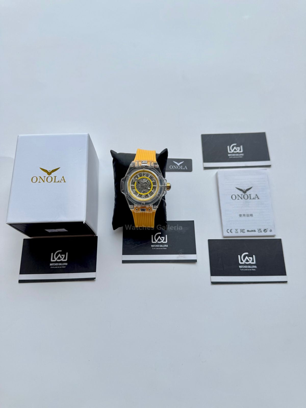 Onola ON3836 Oak Skeleton Yellow Automatic Watch – 49mm Transparent Dial, Bold Sport Design, Pakistan Edition