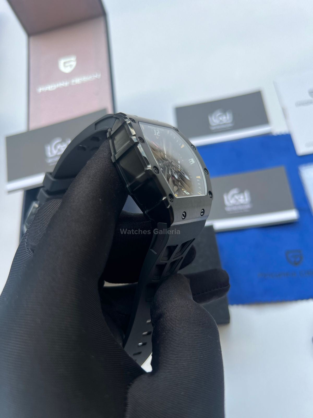 Pagani Design Tonneau Skeleton Watch Quartz (Black Black) PD1738 Watches Galleria