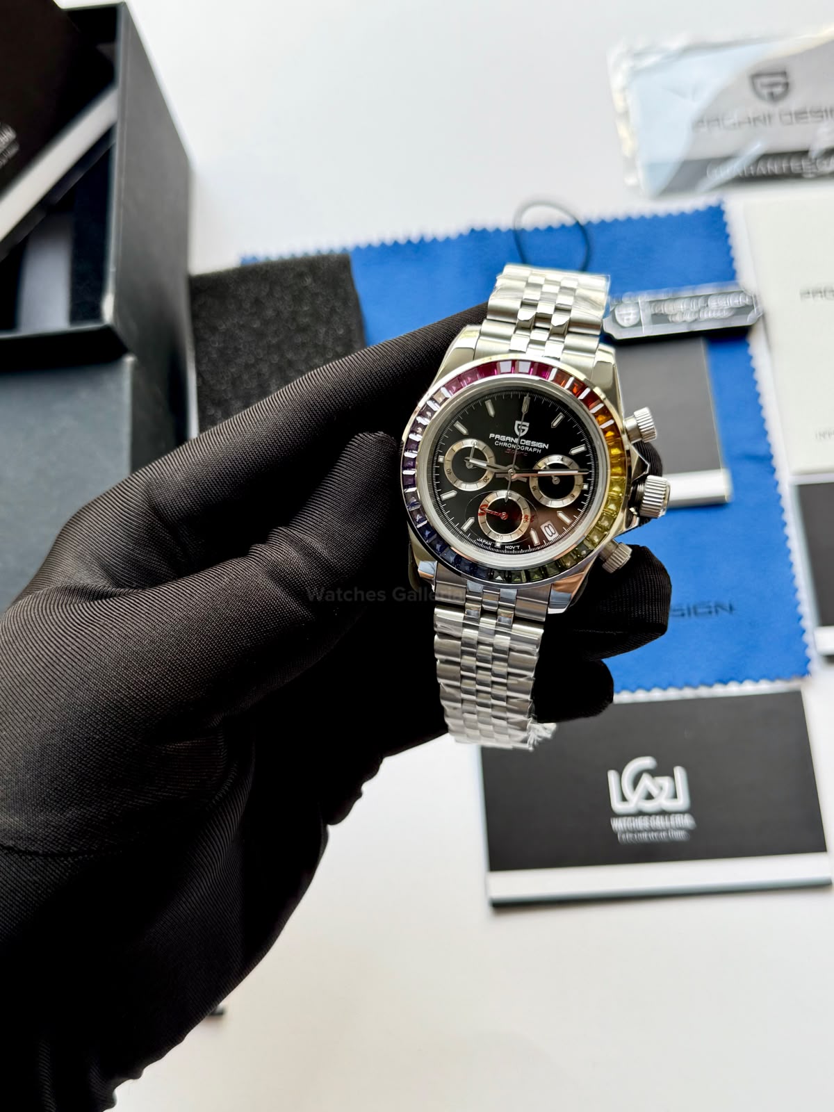 Pagani Design PD1644 Daytona Rainbow Jubilee Limited Edition Chronograph Watch PD1644LE | 40mm Sapphire Crystal, Seiko VK63 Quartz, Complete Calendar & Rainbow Stones Bezel