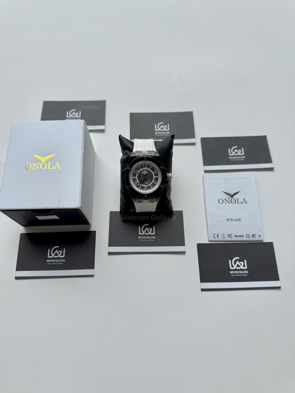 Onola ON3836 Oak Skeleton White Black Automatic Watch – 49mm Transparent Dial, Bold Sport Design, Pakistan Edition