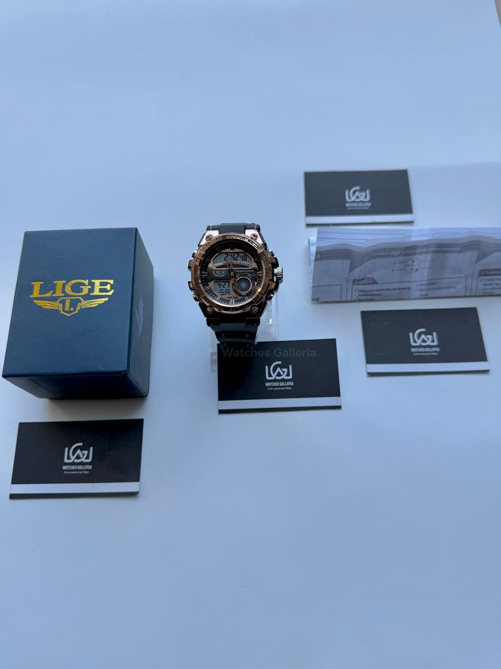 Lige 8922 Sports Watch Rose Gold Black 45mm Dual Display Analog Digital LED Alarm Waterproof 50M Silicone Strap Men’s Watch