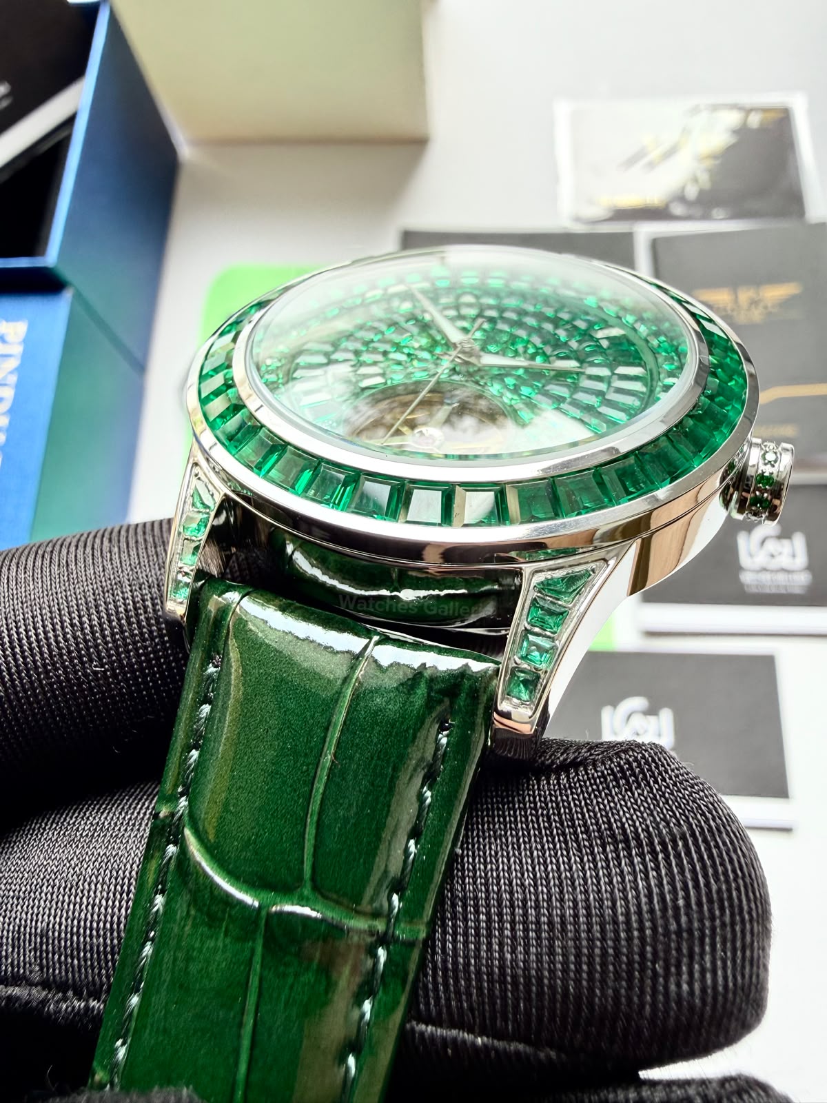 Pindu 5037 Green Diamonds Hand Encrusted Diamond Automatic Tourbillon Watch for Men | Luxury Mechanical Watch | 43mm Stainless Steel Case