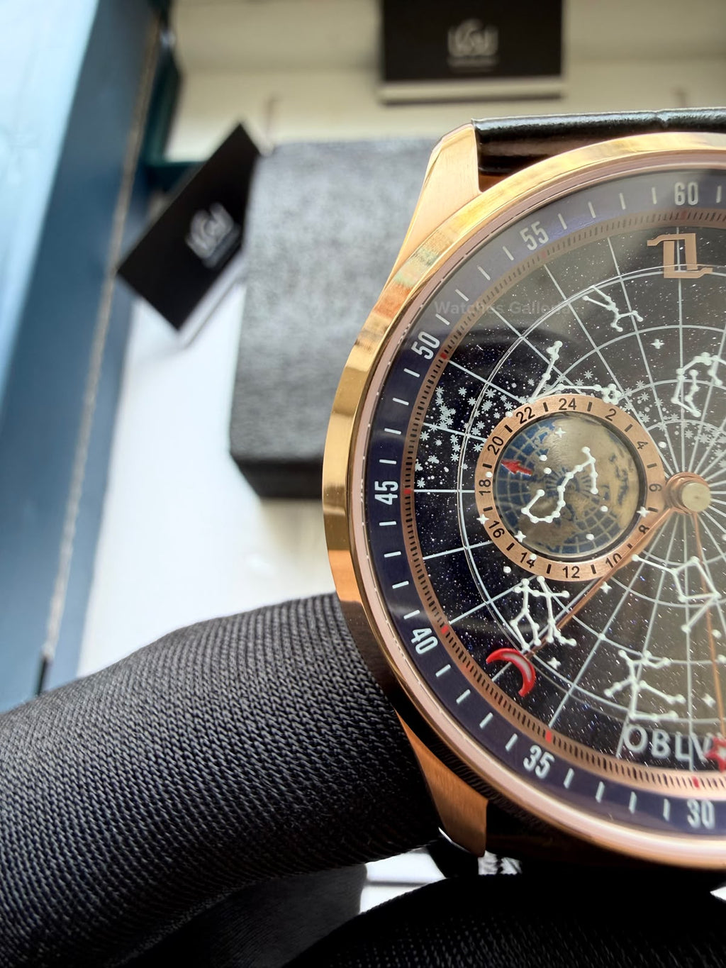 OBLVLO GC (Black Rose Gold Blue) Grand Complications Celestial Automatic Watch Brown & Black Dial with Rose Gold Details, Moving Constellation & Earth Display – OBLVLOGC
