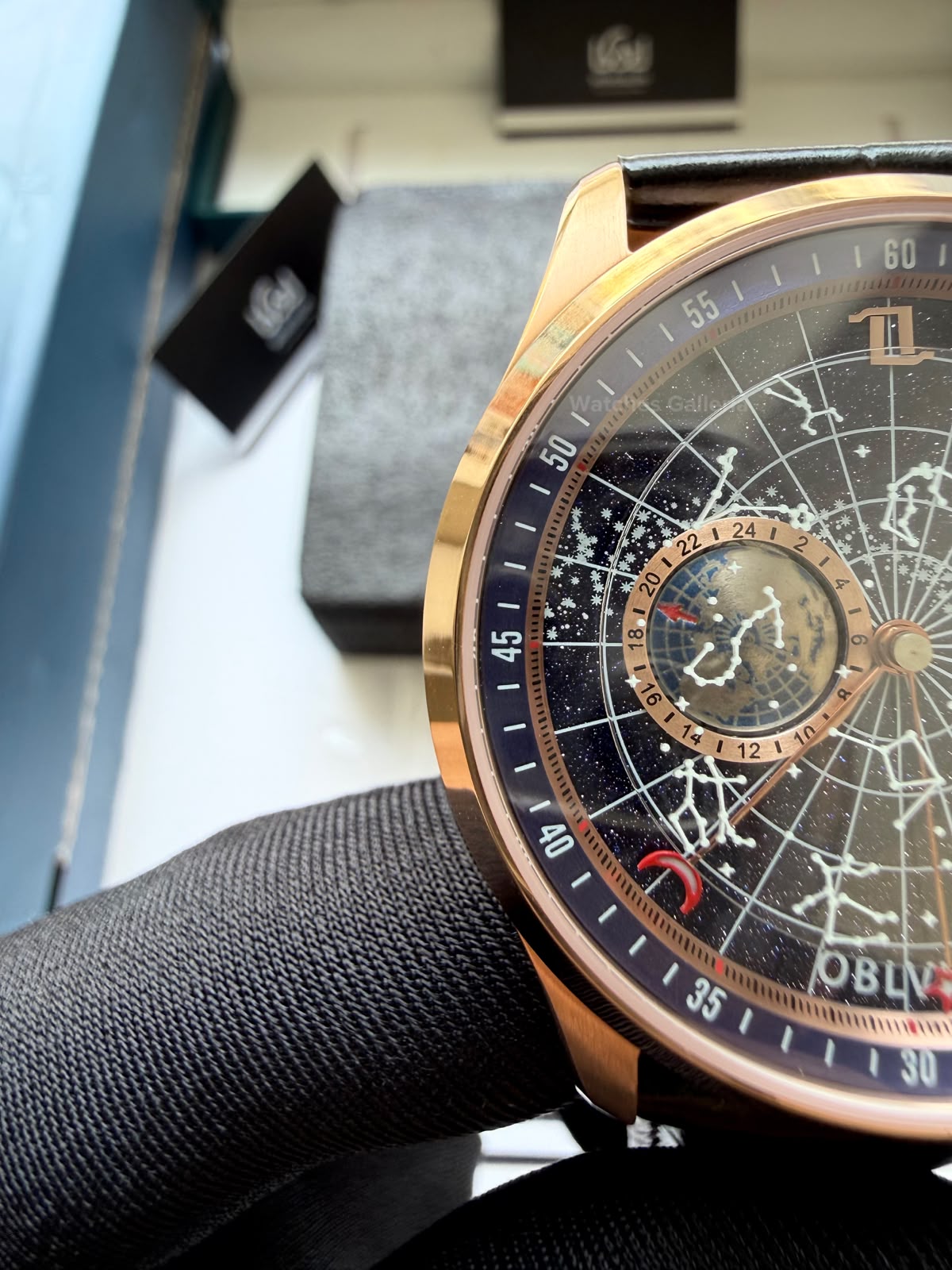 OBLVLO GC (Black Rose Gold Blue) Grand Complications Celestial Automatic Watch Brown & Black Dial with Rose Gold Details, Moving Constellation & Earth Display – OBLVLOGC