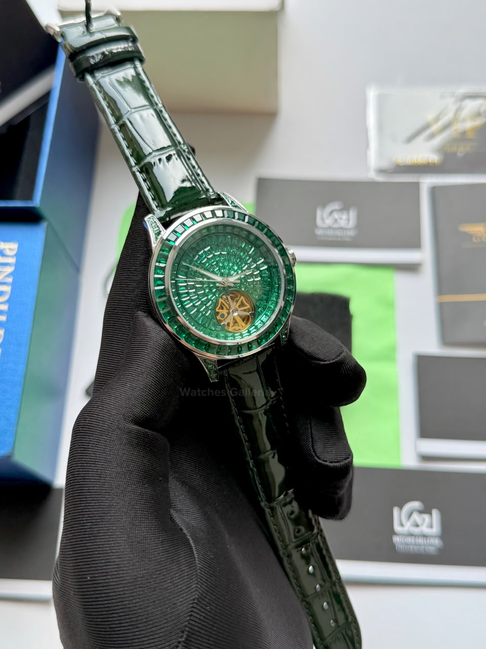 Pindu 5037 Green Diamonds Hand Encrusted Diamond Automatic Tourbillon Watch for Men | Luxury Mechanical Watch | 43mm Stainless Steel Case