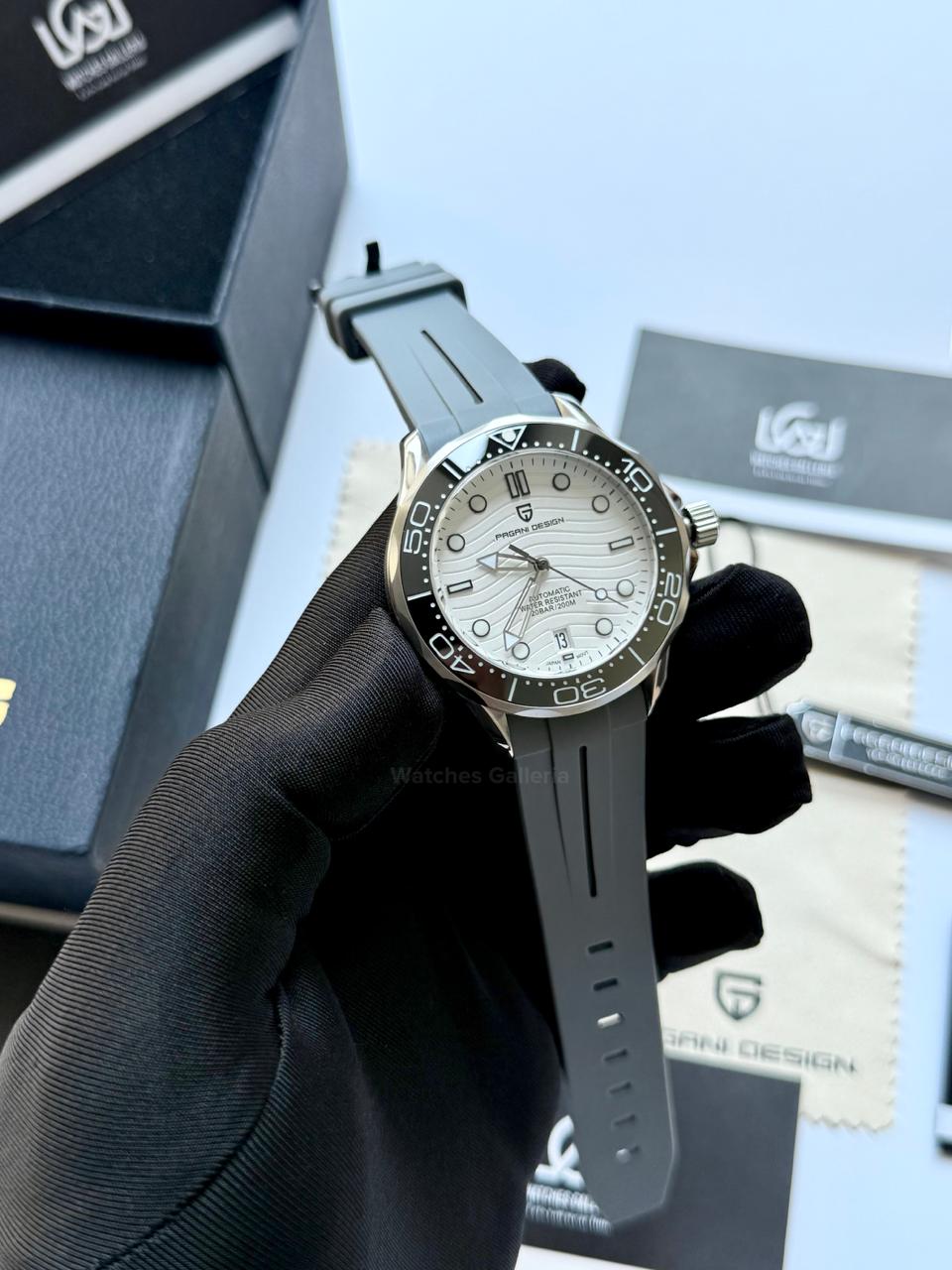 Pagani Design PD1685 Grey Silicon Seamaster Diver White Automatic Watch – 200M Sapphire Crystal NH35A/Miyota Luxury Dive Watch in Pakistan | Watches Galleria