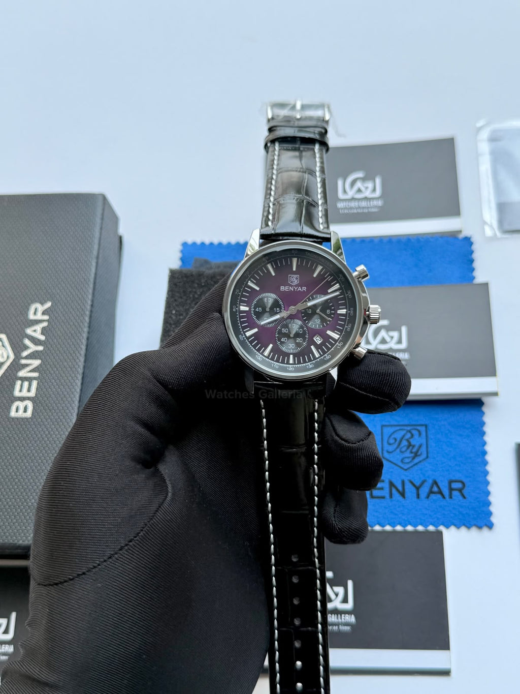 Benyar BY5213 Black Purple Men’s Luxury Quartz Leather Strap Watch – Waterproof Stainless Steel Analog Wrist Watch with Luminous Hands | Original Benyar Pakistan | Watches Galleria