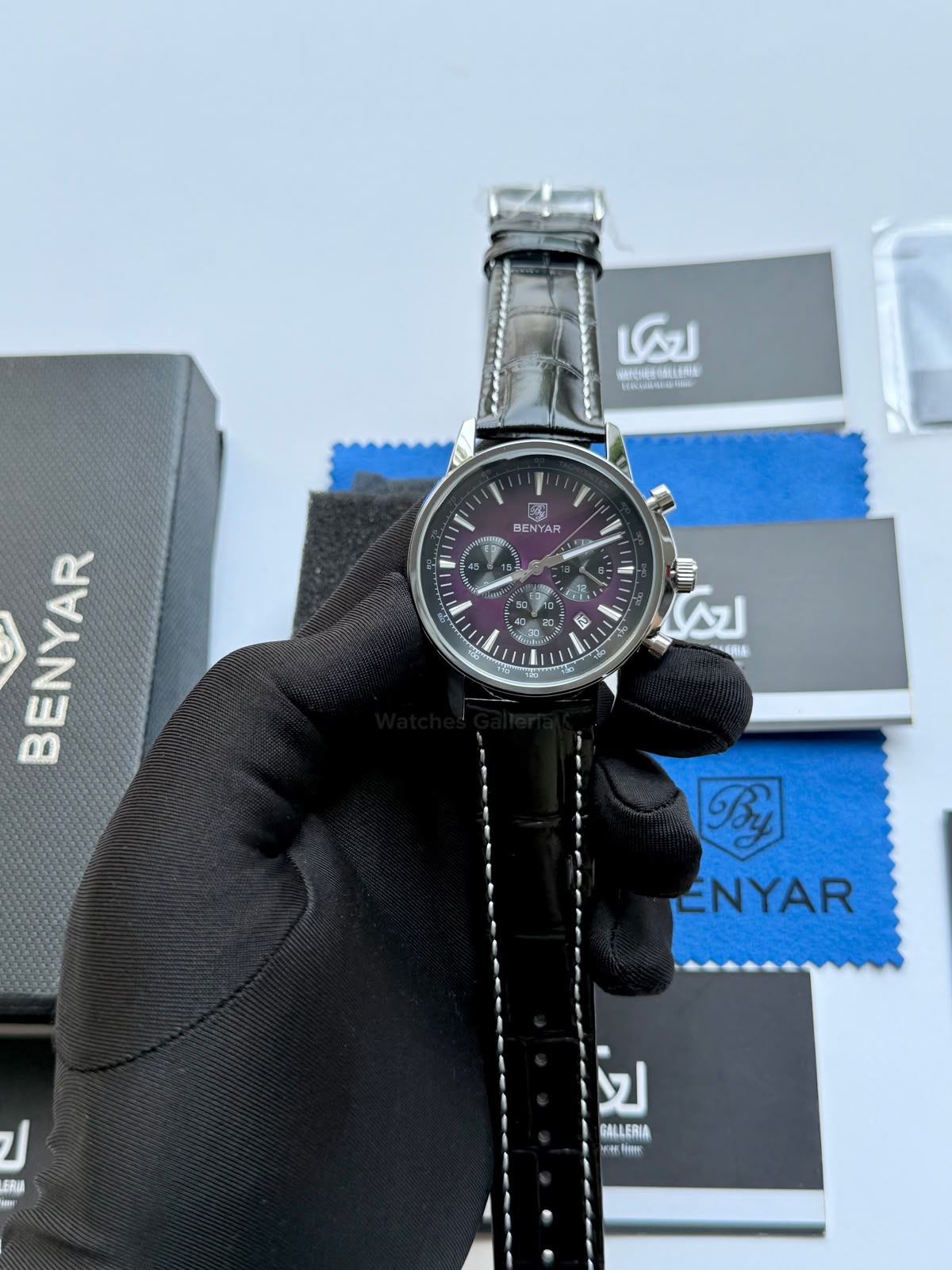 Benyar BY5213 Black Purple Men’s Luxury Quartz Leather Strap Watch – Waterproof Stainless Steel Analog Wrist Watch with Luminous Hands | Original Benyar Pakistan | Watches Galleria