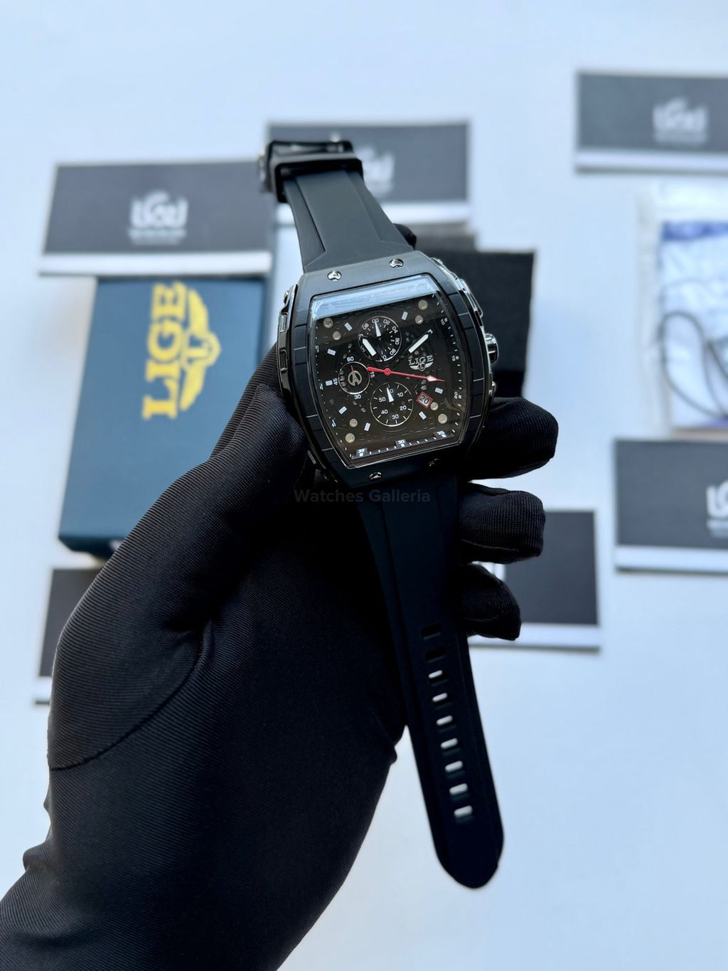 LIGE LG89148 Black Tonneau Chronograph Watch in Pakistan – Luxury Men’s Quartz Watch with Silicon Strap