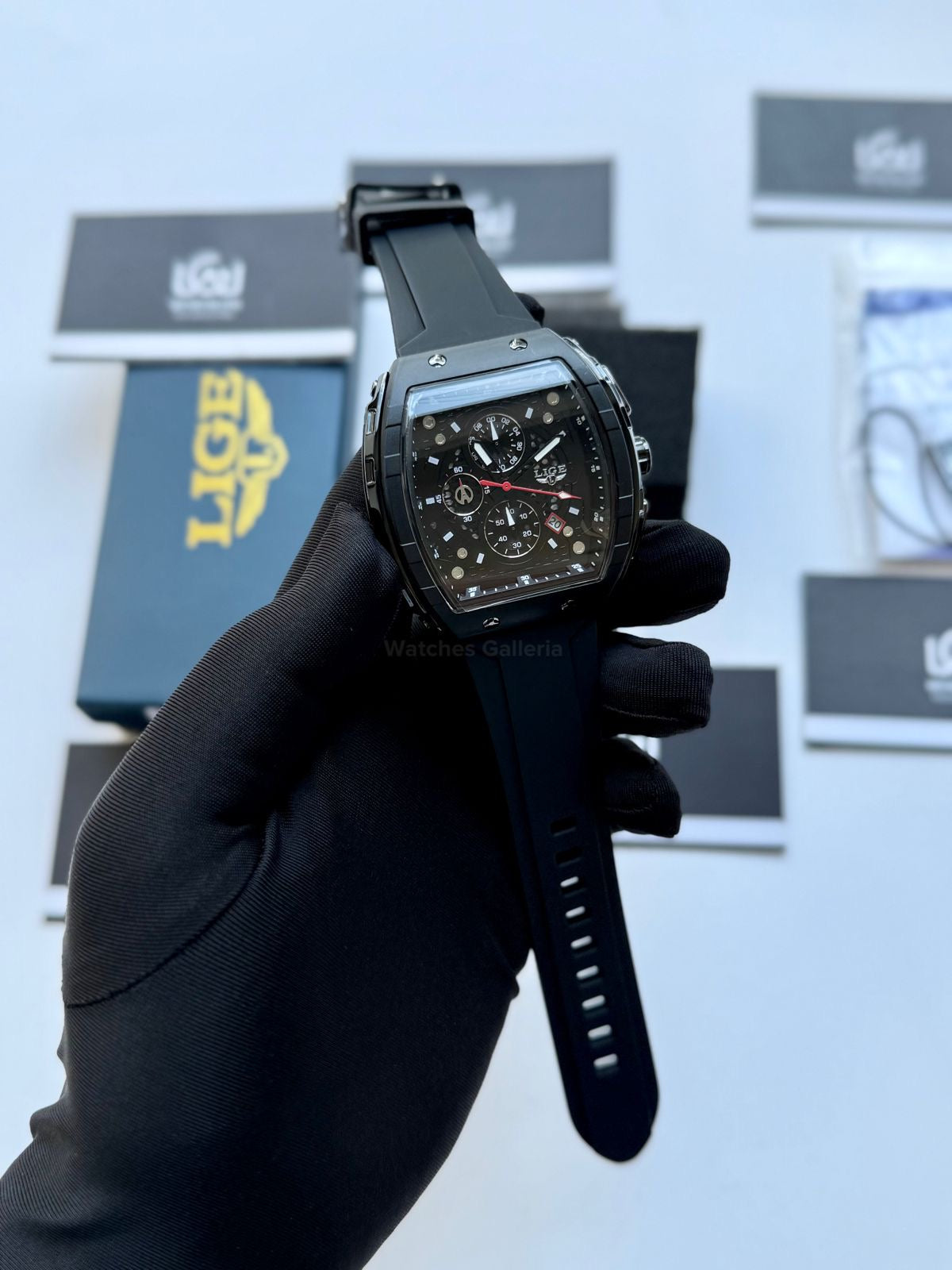 LIGE LG89148 Black Tonneau Chronograph Watch in Pakistan – Luxury Men’s Quartz Watch with Silicon Strap