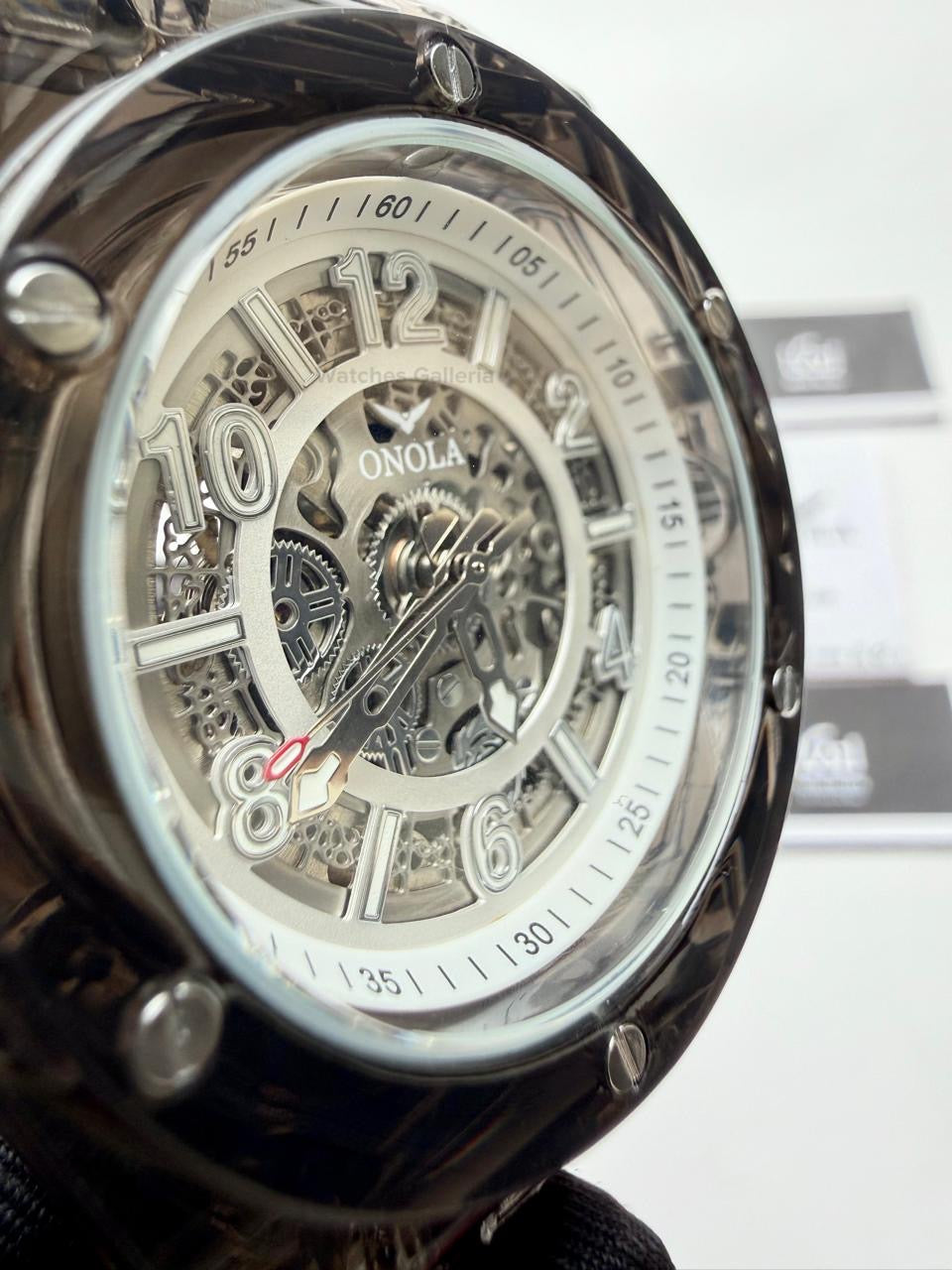 Onola ON3836 Oak Skeleton White Black Automatic Watch – 49mm Transparent Dial, Bold Sport Design, Pakistan Edition