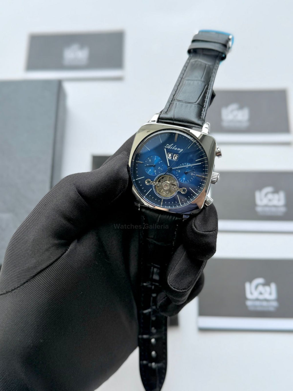 Ailang AI8655G Square Chronograph Automatic Watch Black Blue – Skeleton Flywheel, Big Date, Luxury Square Dial Men’s Watch