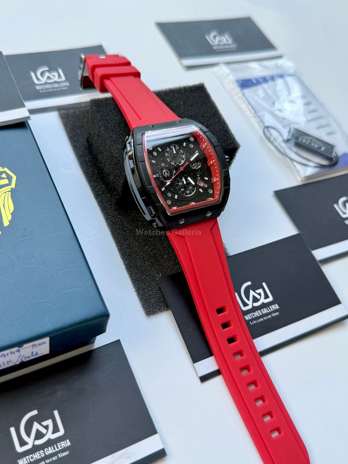 LIGE LG89148 Red Tonneau Chronograph Watch in Pakistan – Luxury Men’s Quartz Watch with Silicon Strap