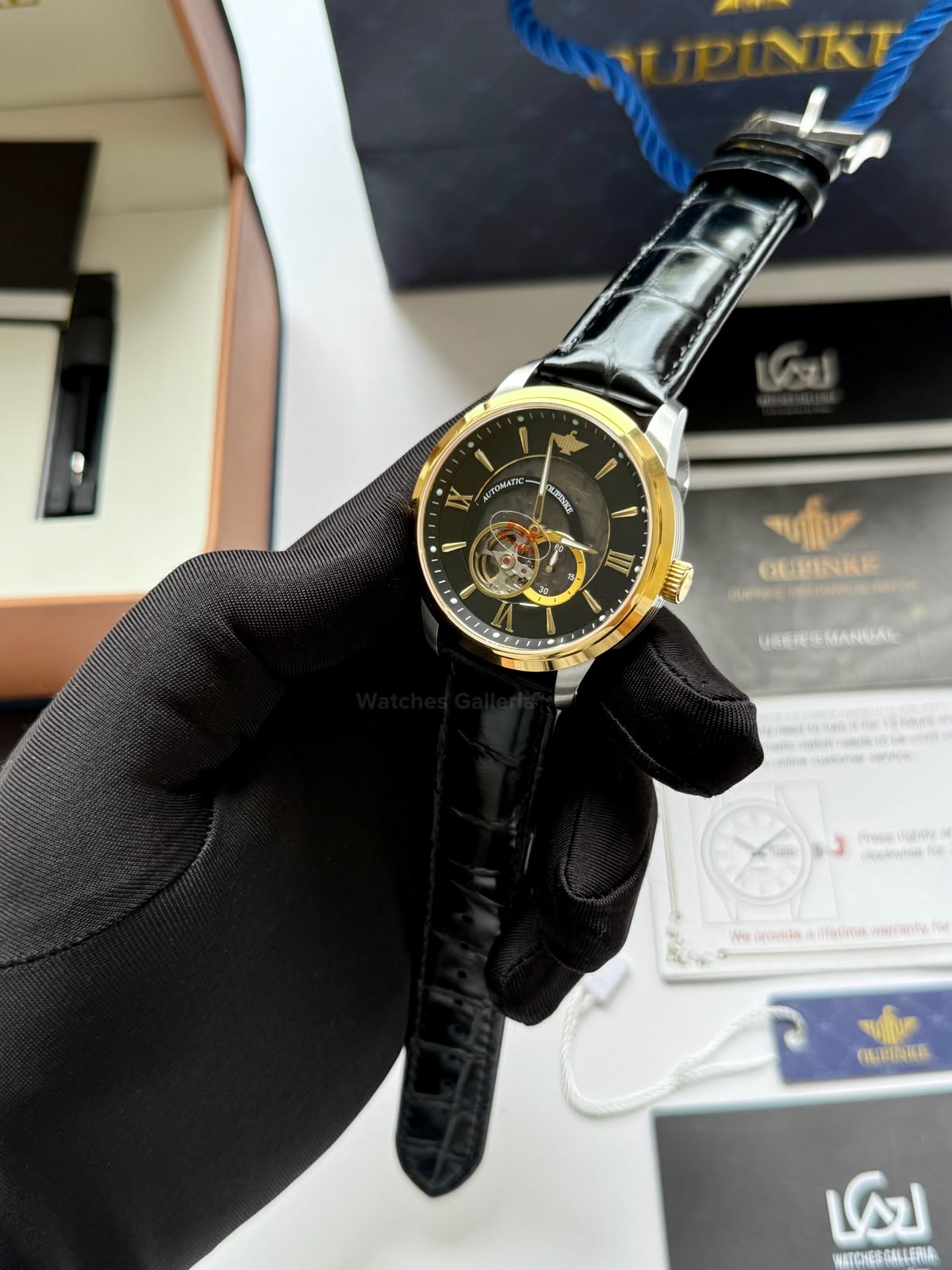 Oupinke G3190 (Black Leather) Open Heart Automatic Watch with Miyota 8215 Japanese Movement, Sapphire Crystal, Luminous Dial & Black Leather Strap