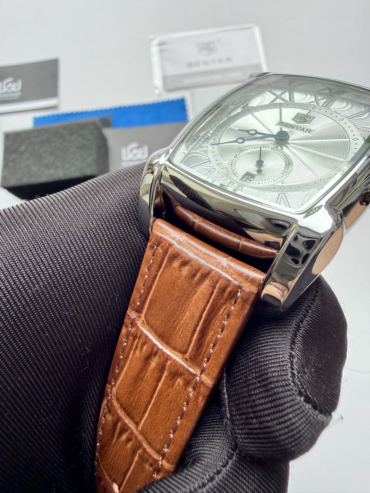 Benyar BY5114 Square Tank Watch in Pakistan – Brown Silver White Elegant Quartz Leather Strap Men’s Dress Watch