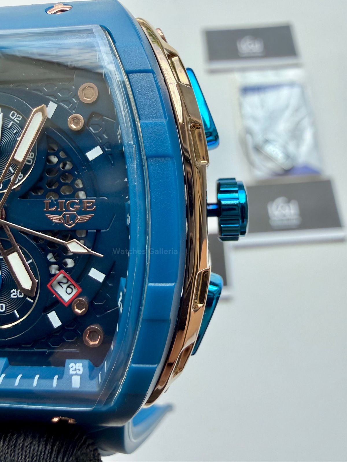 LIGE LG89148 Blue Tonneau Chronograph Watch in Pakistan – Luxury Men’s Quartz Watch with Silicon Strap