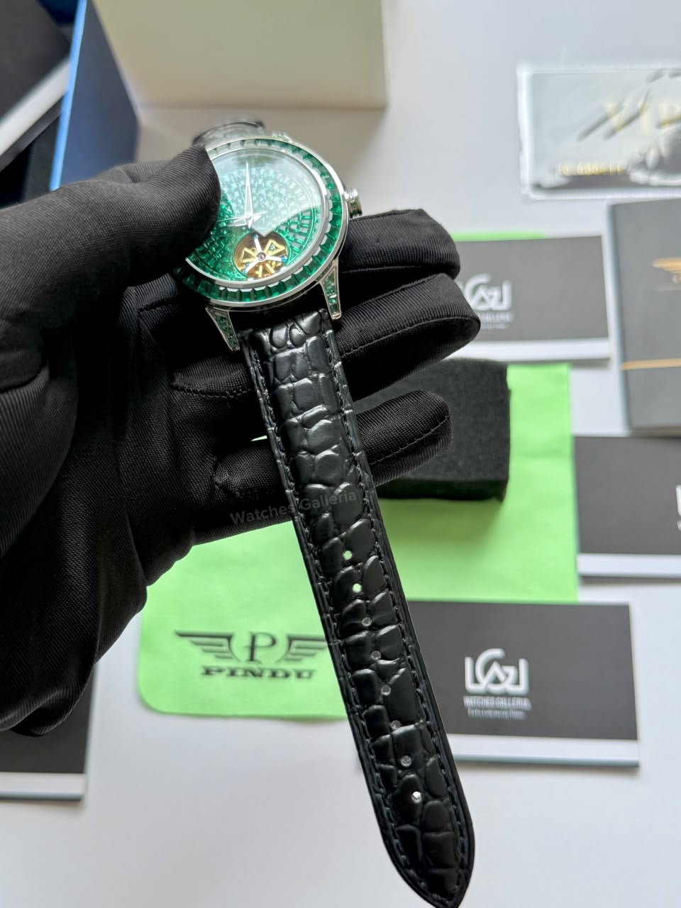 Pindu 5037 Green/Black LeatherDiamonds Hand Encrusted Diamond Automatic Tourbillon Watch for Men | Luxury Mechanical Watch | 43mm Stainless Steel Case