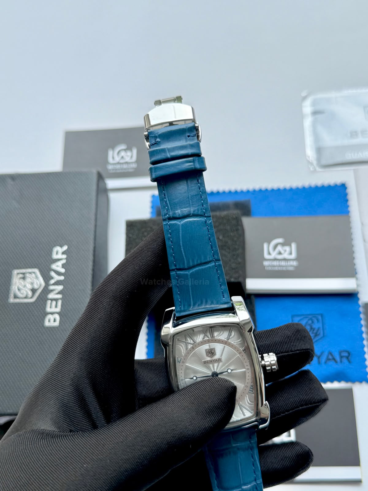 Benyar BY5114 Square Tank Watch | Blue Silver White | Roman Numeral Dial Master Lock Quartz Date Calendar Leather Strap
