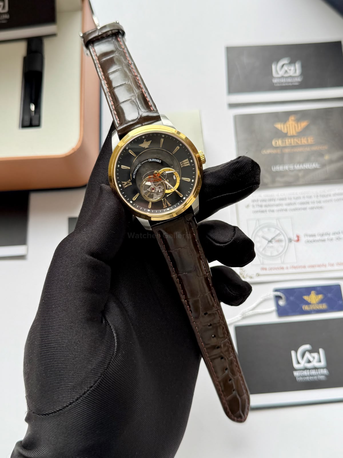Oupinke G3190 (Brown Leather) Open Heart Automatic Watch with Miyota 8215 Japanese Movement, Sapphire Crystal, Luminous Dial & Black Leather Strap